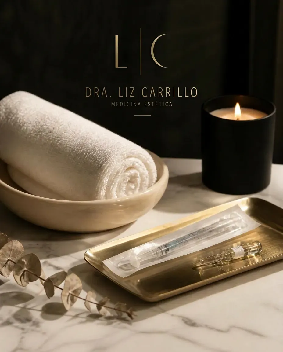 Detalle de instrumental, lino y vela en superficie de mármol