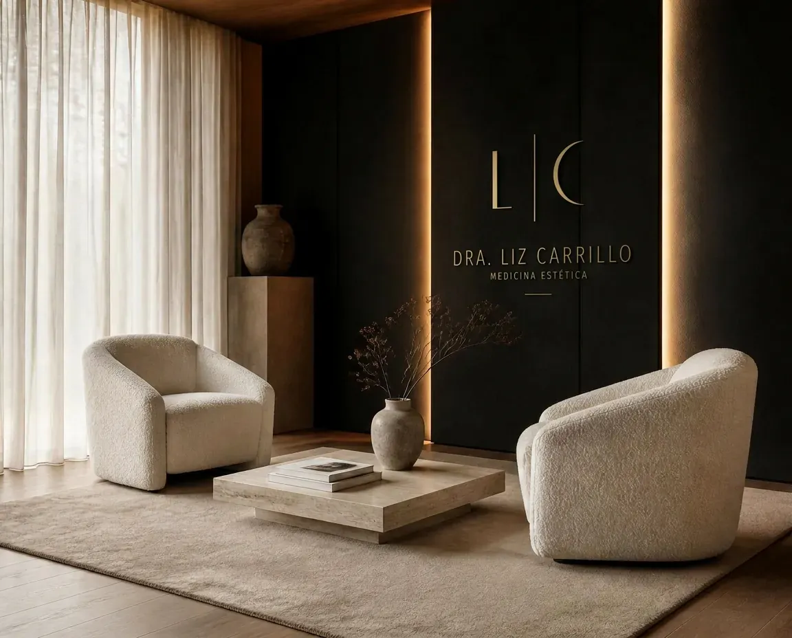 Lounge de espera con butacas bouclé y muro obsidiana